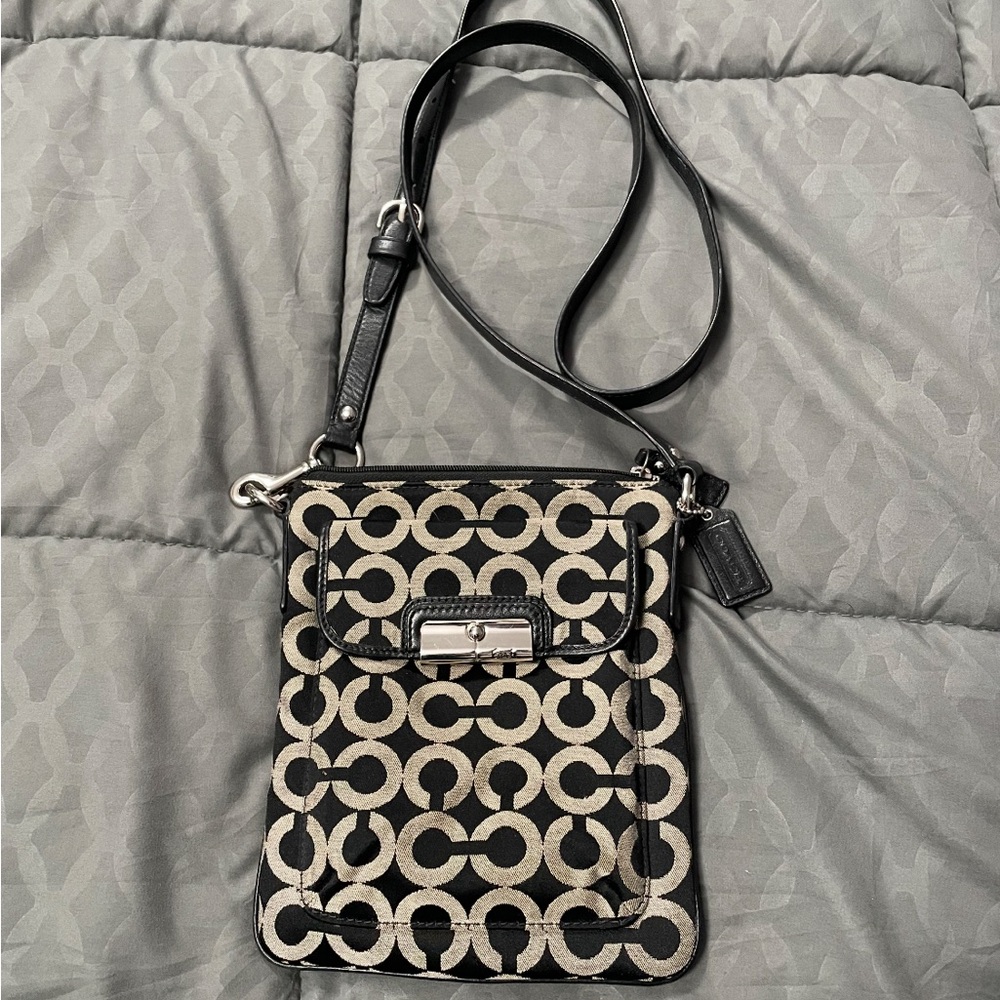 Coach Black and Tan Wristlet with Pink Interior